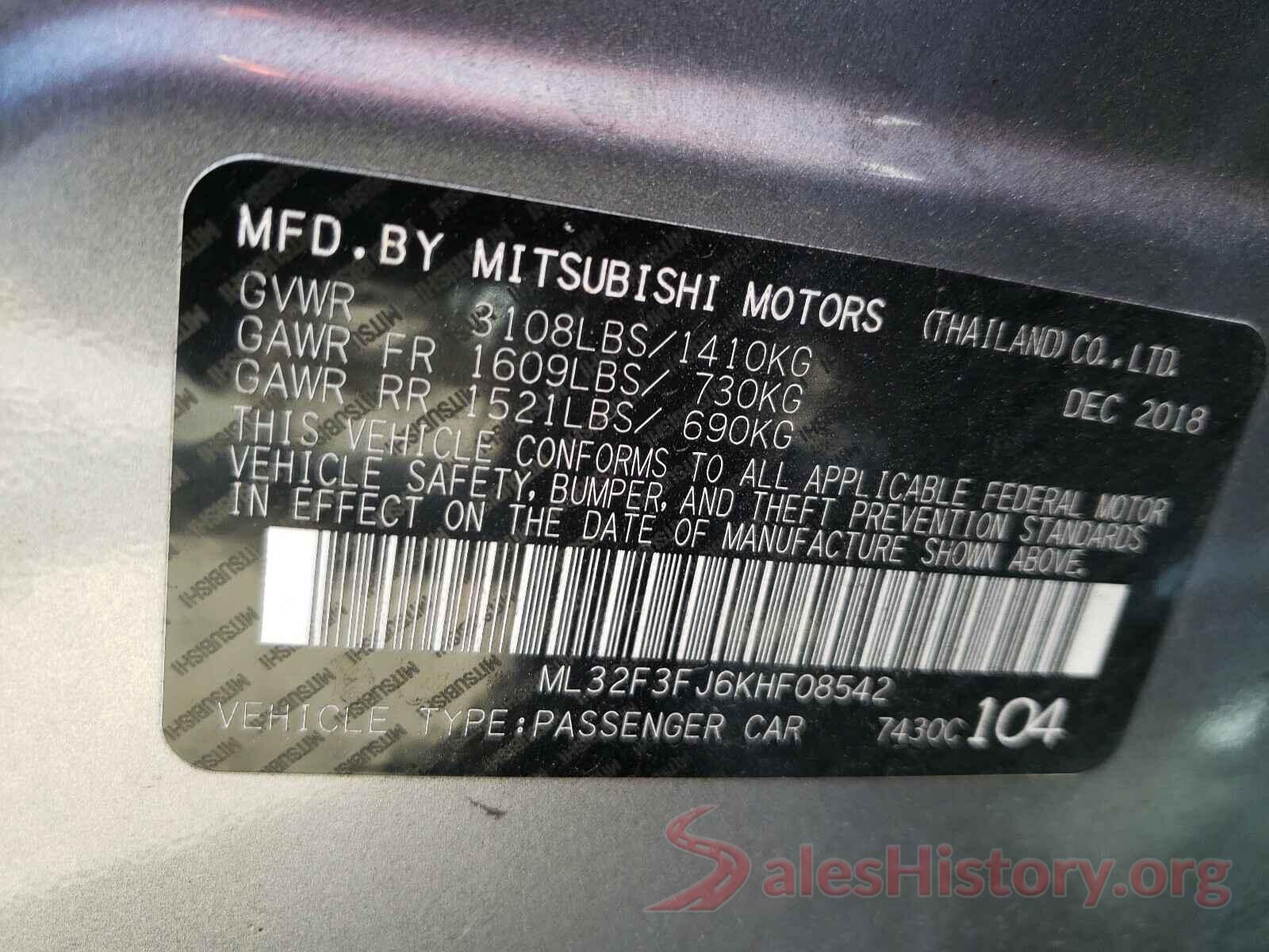 ML32F3FJ6KHF08542 2019 MITSUBISHI MIRAGE