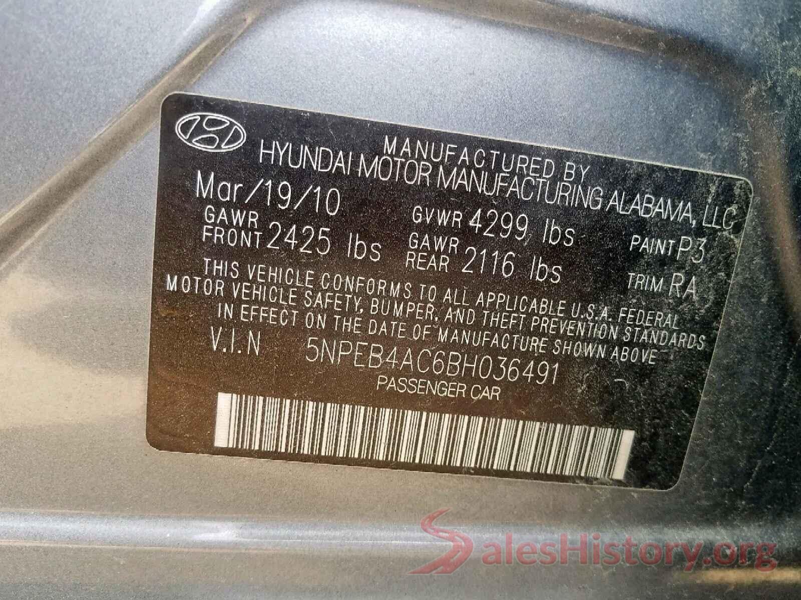 5NPEB4AC6BH036491 2011 HYUNDAI SONATA