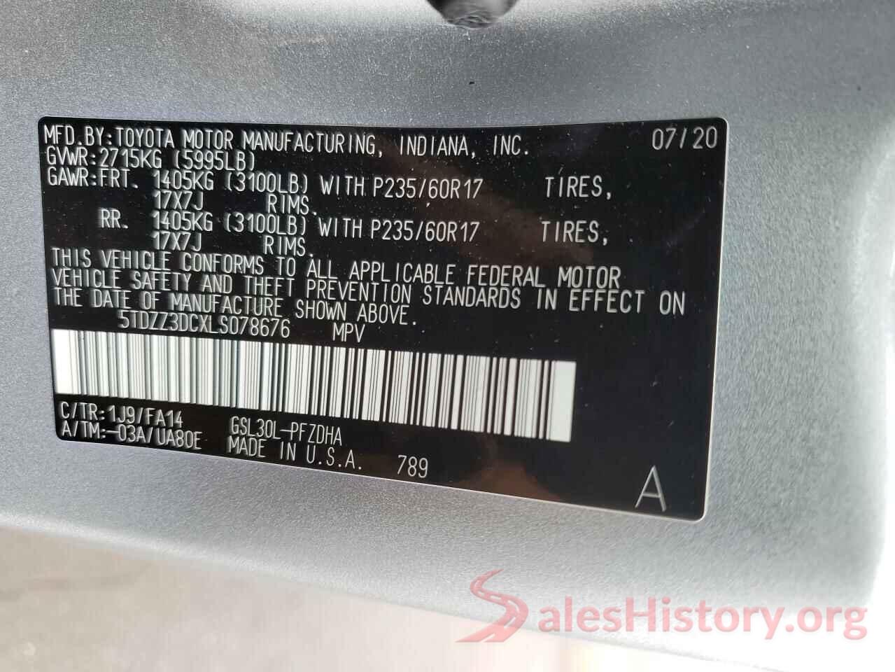 5TDZZ3DCXLS078676 2020 TOYOTA SIENNA