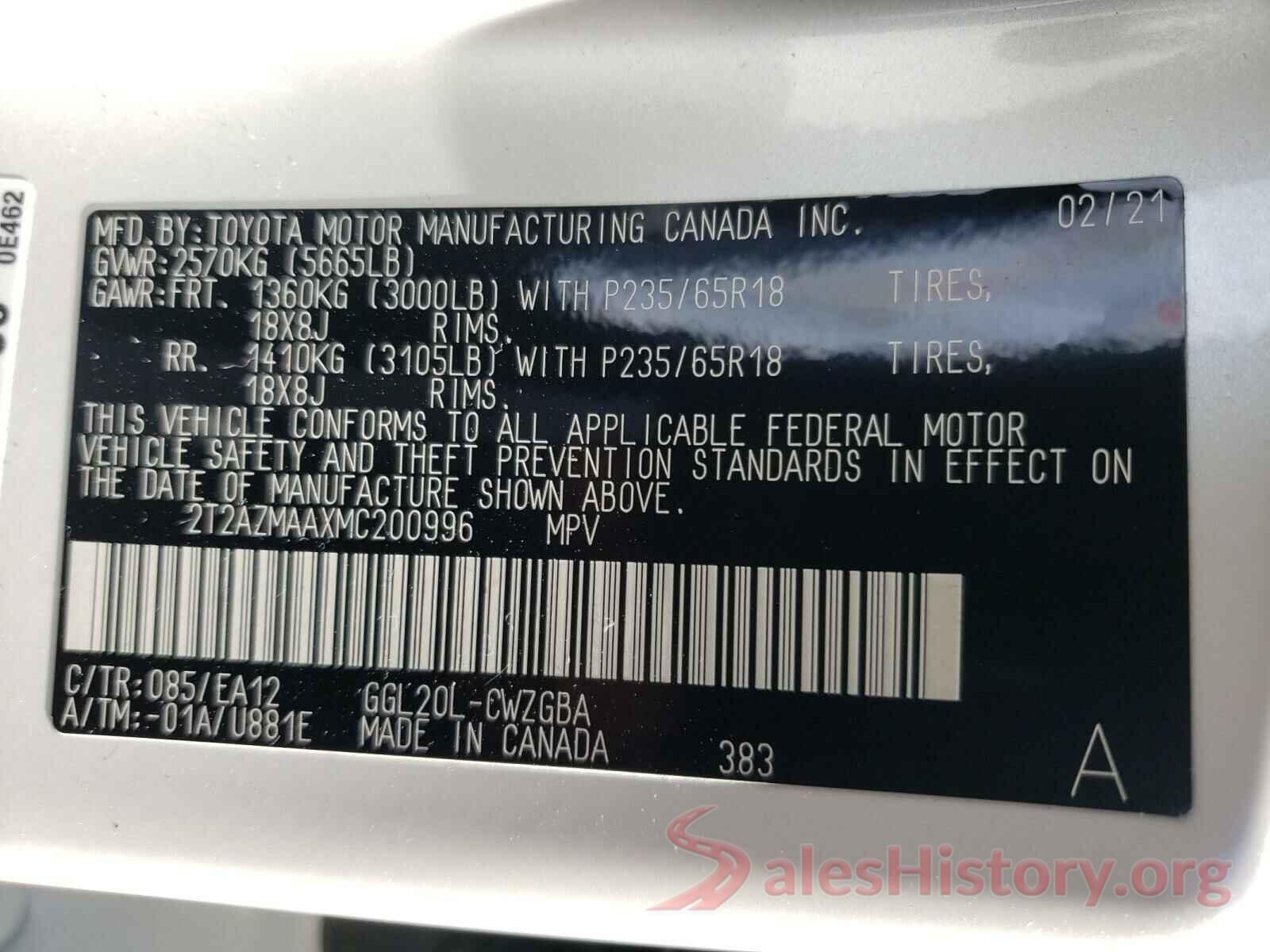 2T2AZMAAXMC200996 2021 LEXUS RX350