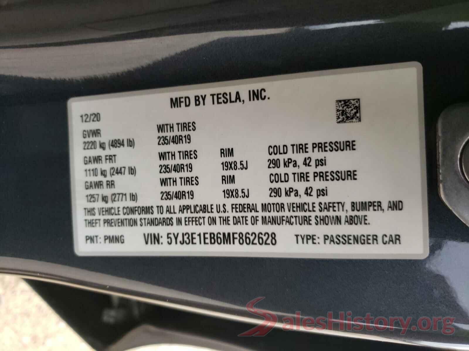 5YJ3E1EB6MF862628 2021 TESLA MODEL 3