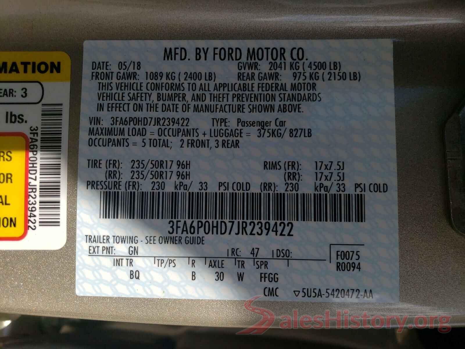 3FA6P0HD7JR239422 2018 FORD FUSION