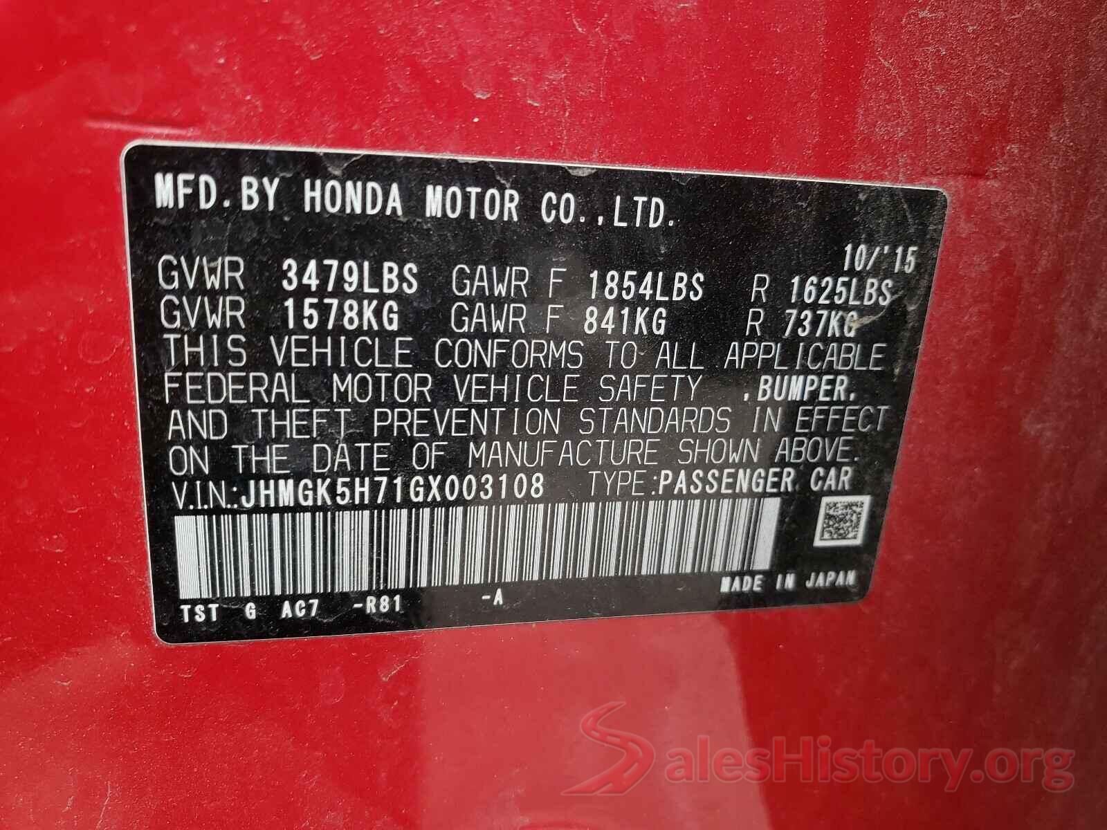 JHMGK5H71GX003108 2016 HONDA FIT