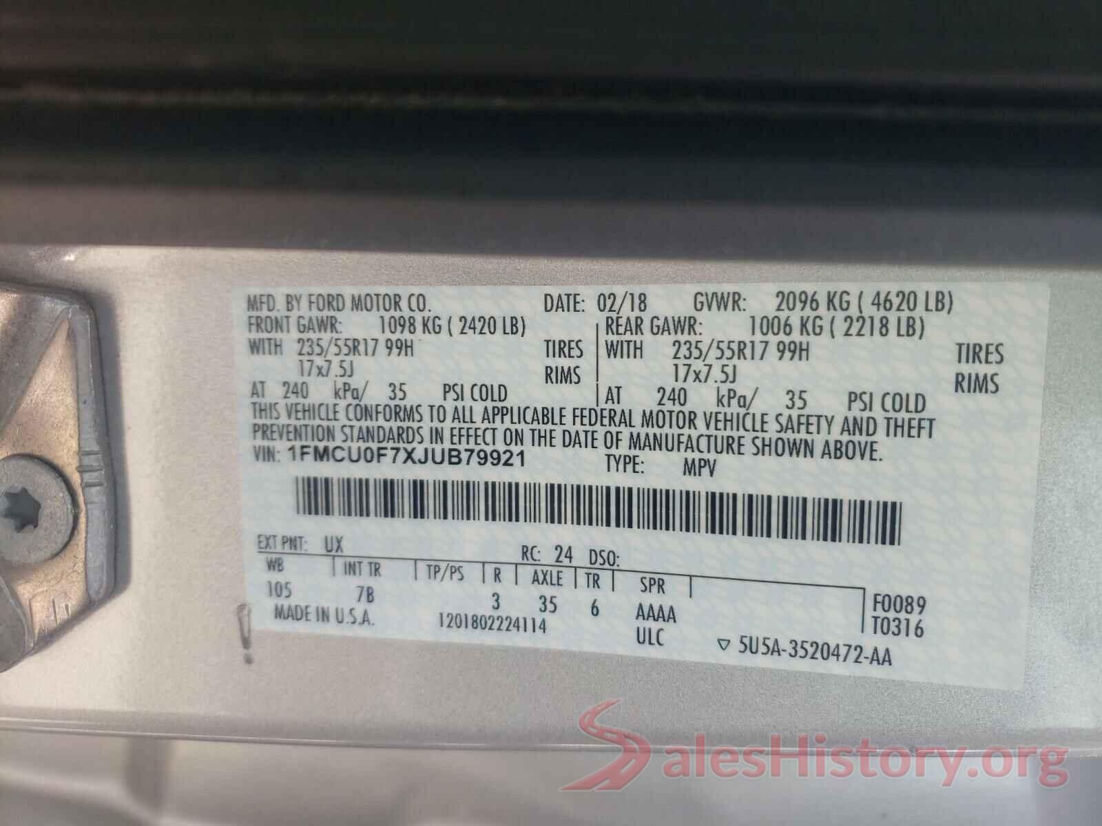 1FMCU0F7XJUB79921 2018 FORD ESCAPE