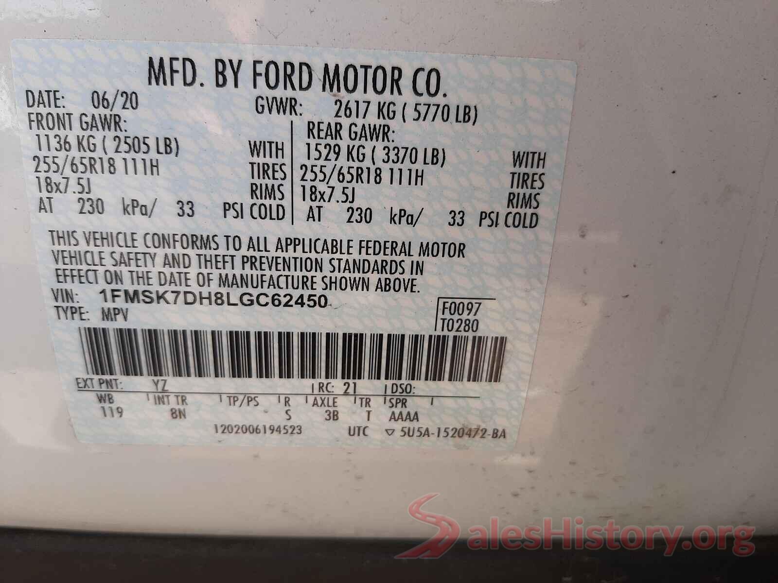 1FMSK7DH8LGC62450 2020 FORD EXPLORER