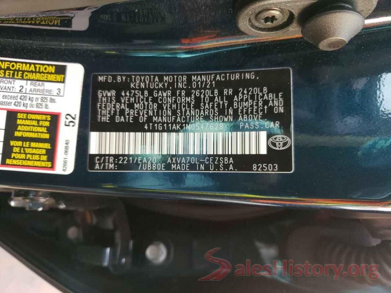 4T1G11AK1MU547628 2021 TOYOTA CAMRY