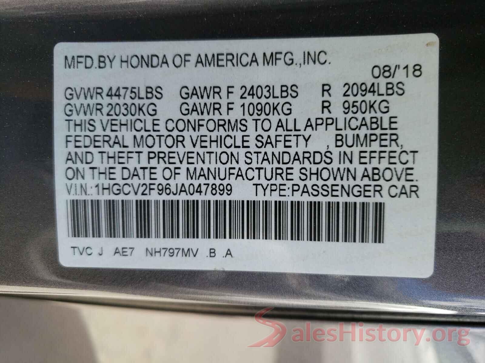 1HGCV2F96JA047899 2018 HONDA ACCORD