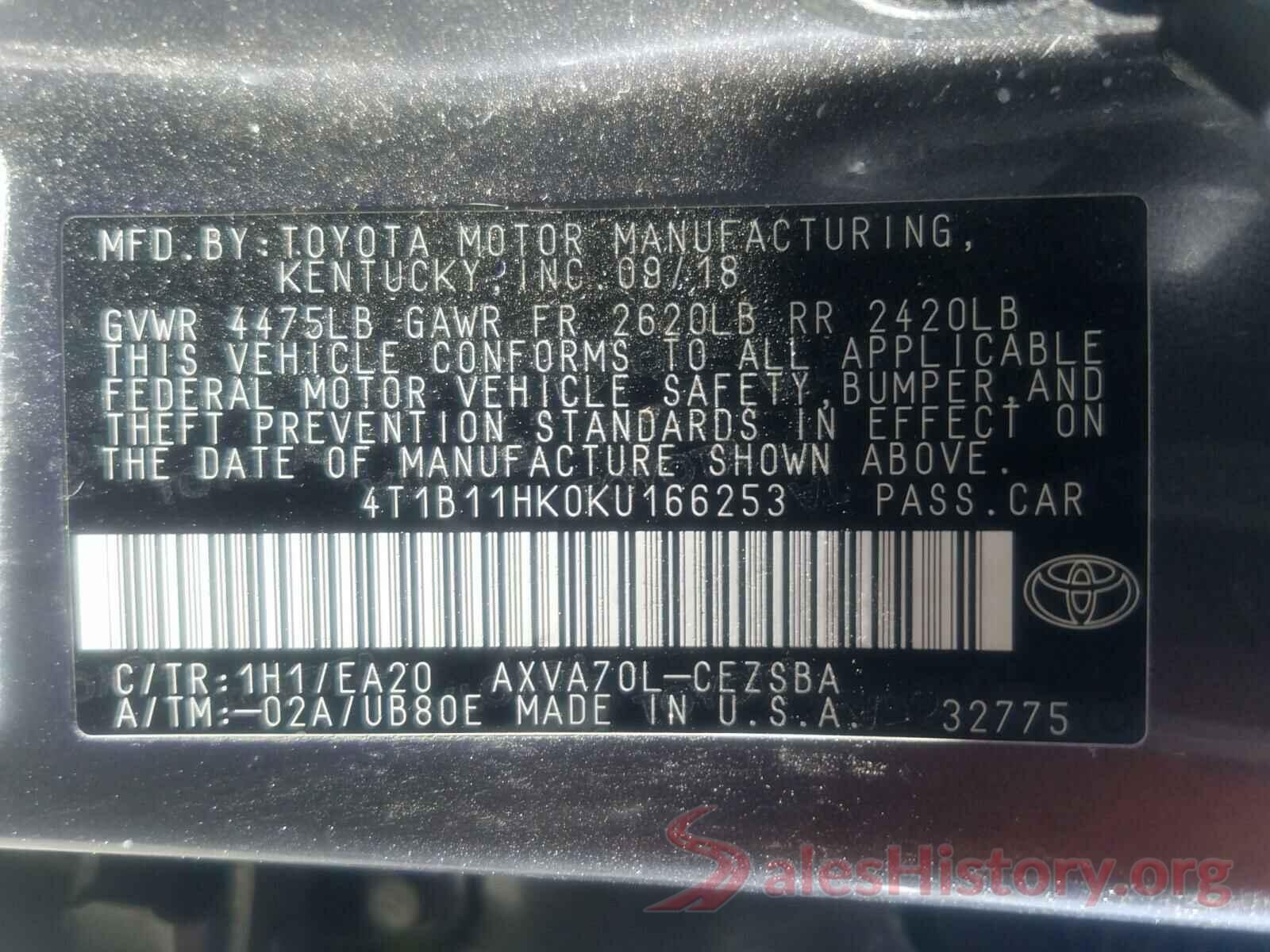 4T1B11HK0KU166253 2019 TOYOTA CAMRY