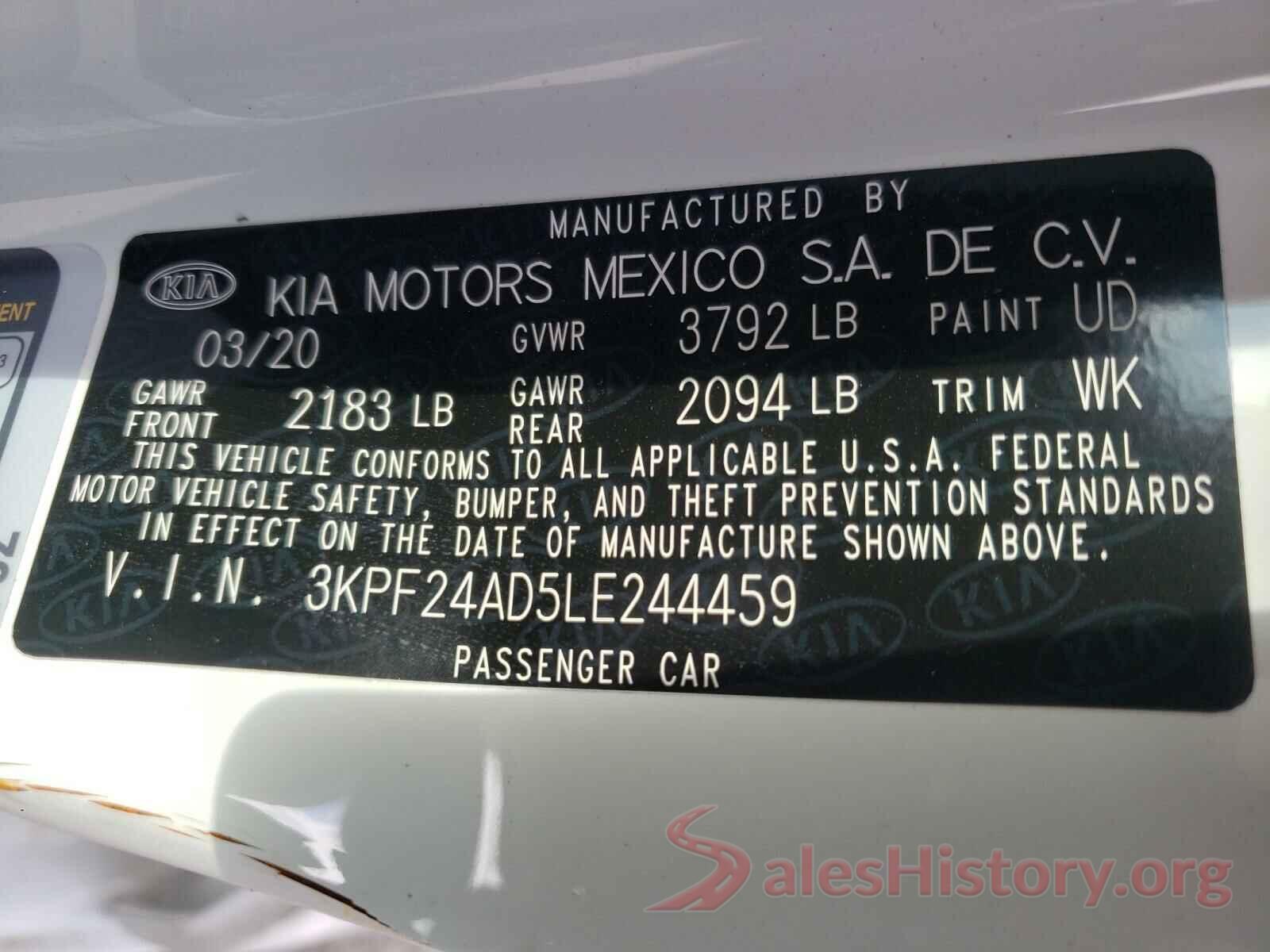 3KPF24AD5LE244459 2020 KIA FORTE