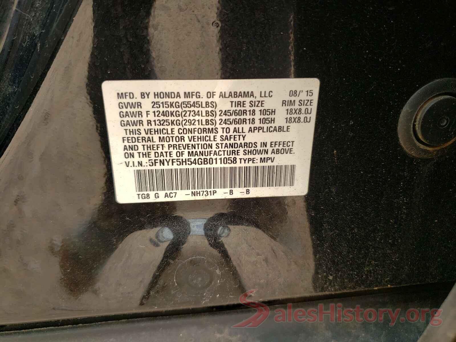 5FNYF5H54GB011058 2016 HONDA PILOT