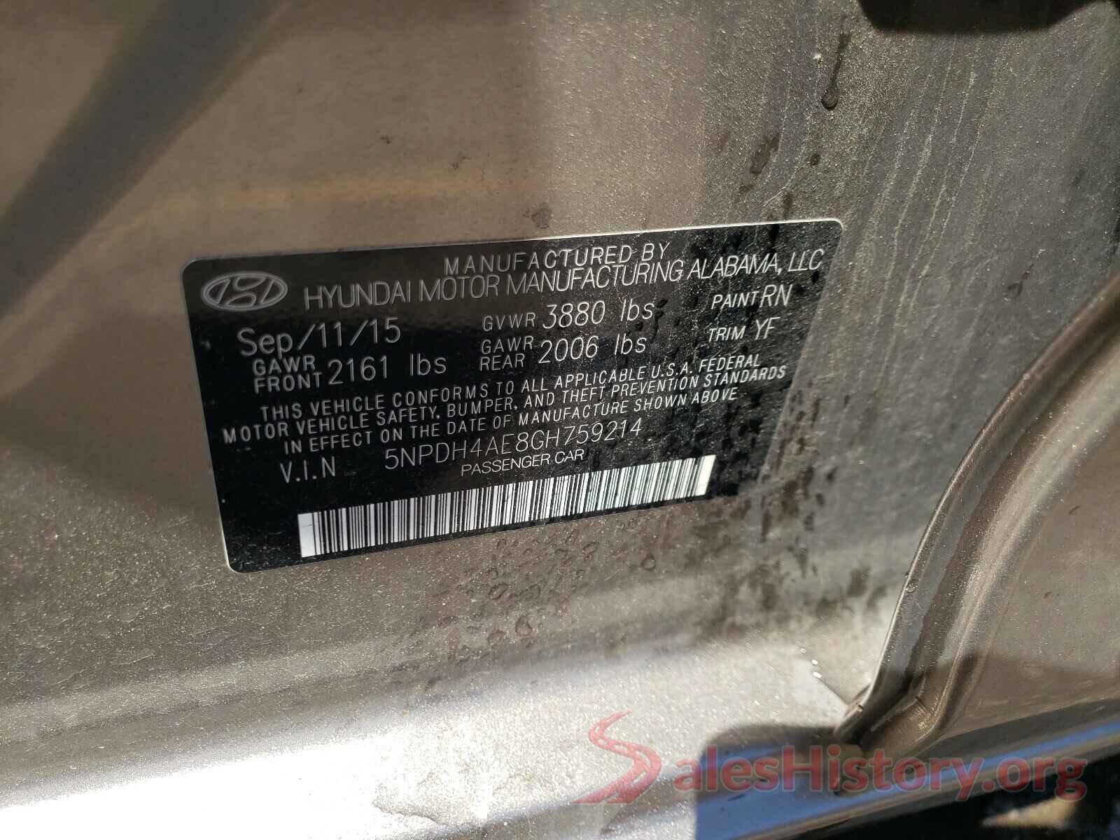 5NPDH4AE8GH759214 2016 HYUNDAI ELANTRA