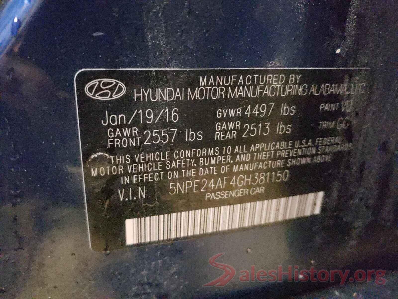 5NPE24AF4GH381150 2016 HYUNDAI SONATA