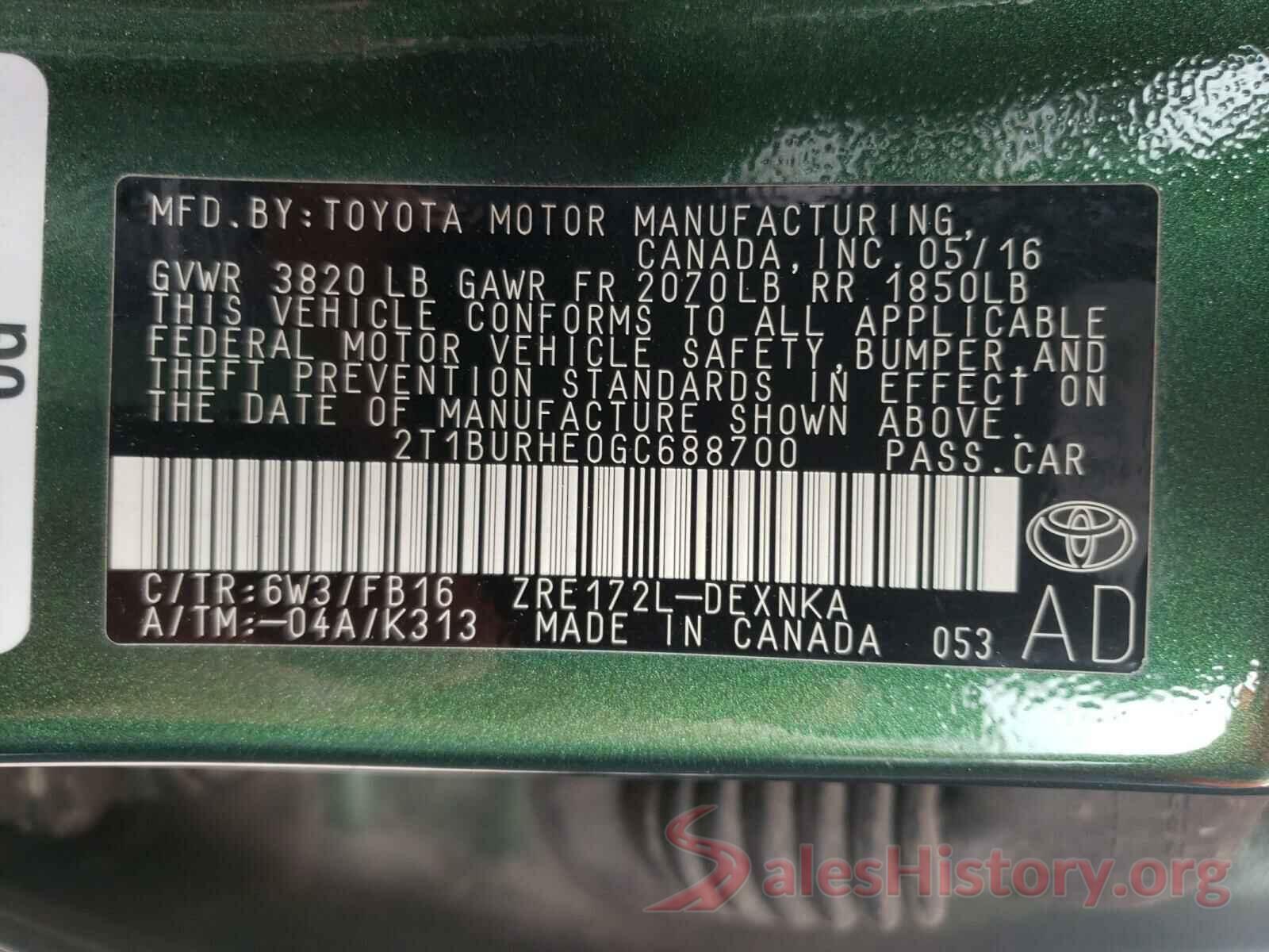 2T1BURHE0GC688700 2016 TOYOTA COROLLA