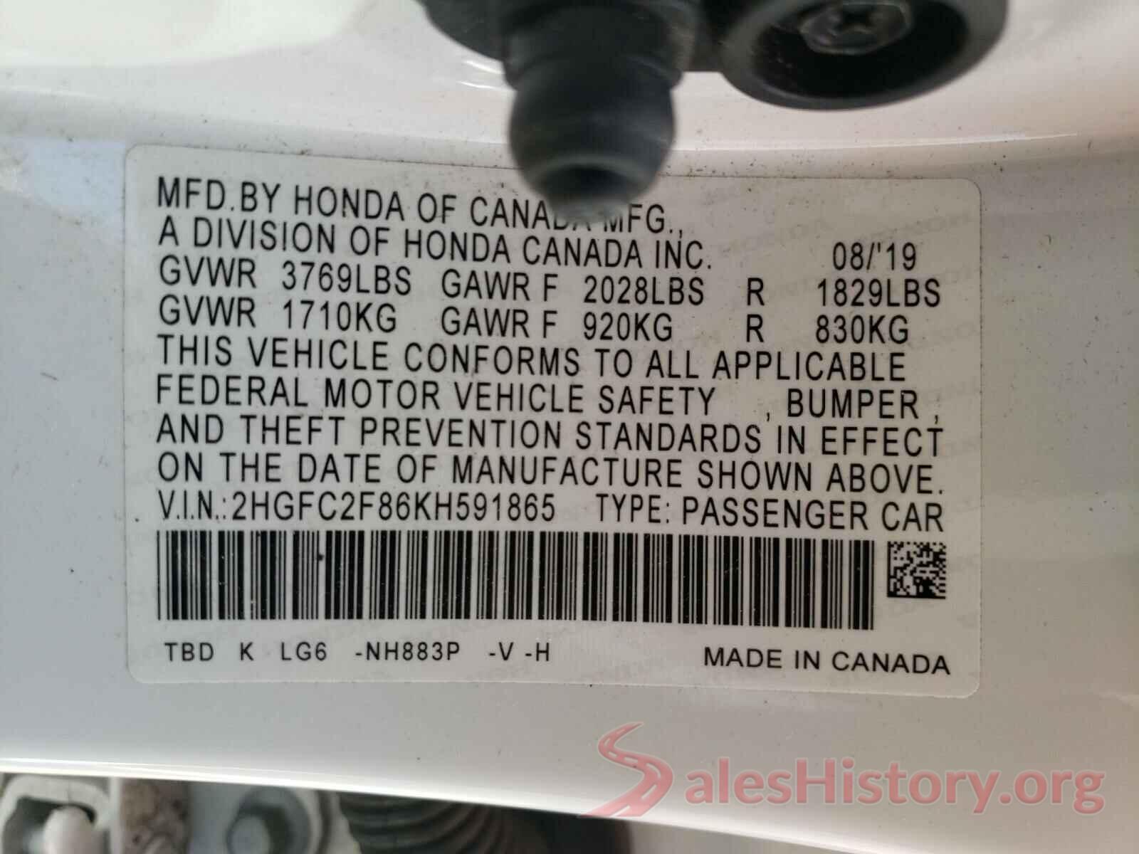 2HGFC2F86KH591865 2019 HONDA CIVIC