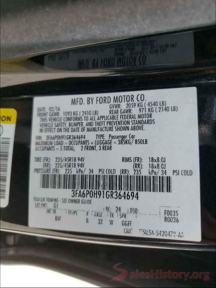 3FA6P0H91GR364694 2016 FORD FUSION