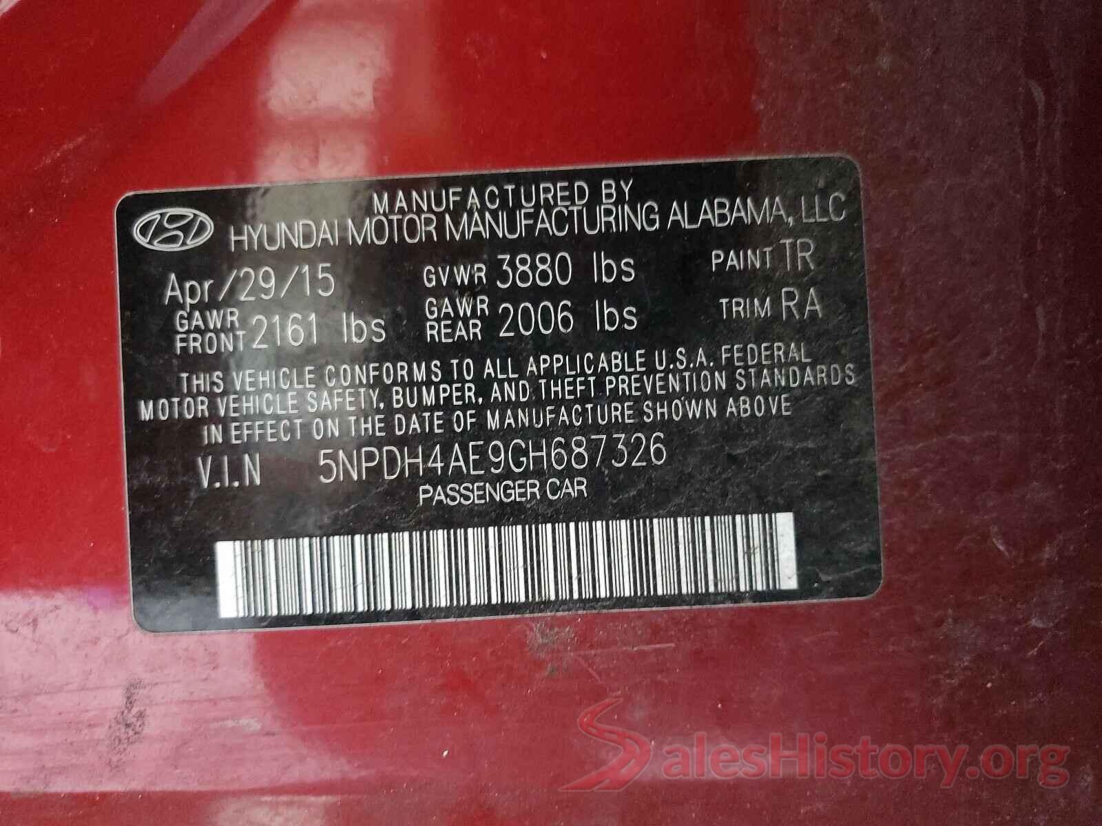 5NPDH4AE9GH687326 2016 HYUNDAI ELANTRA