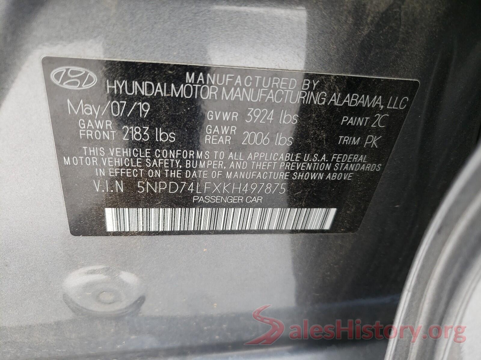 5NPD74LFXKH497875 2019 HYUNDAI ELANTRA