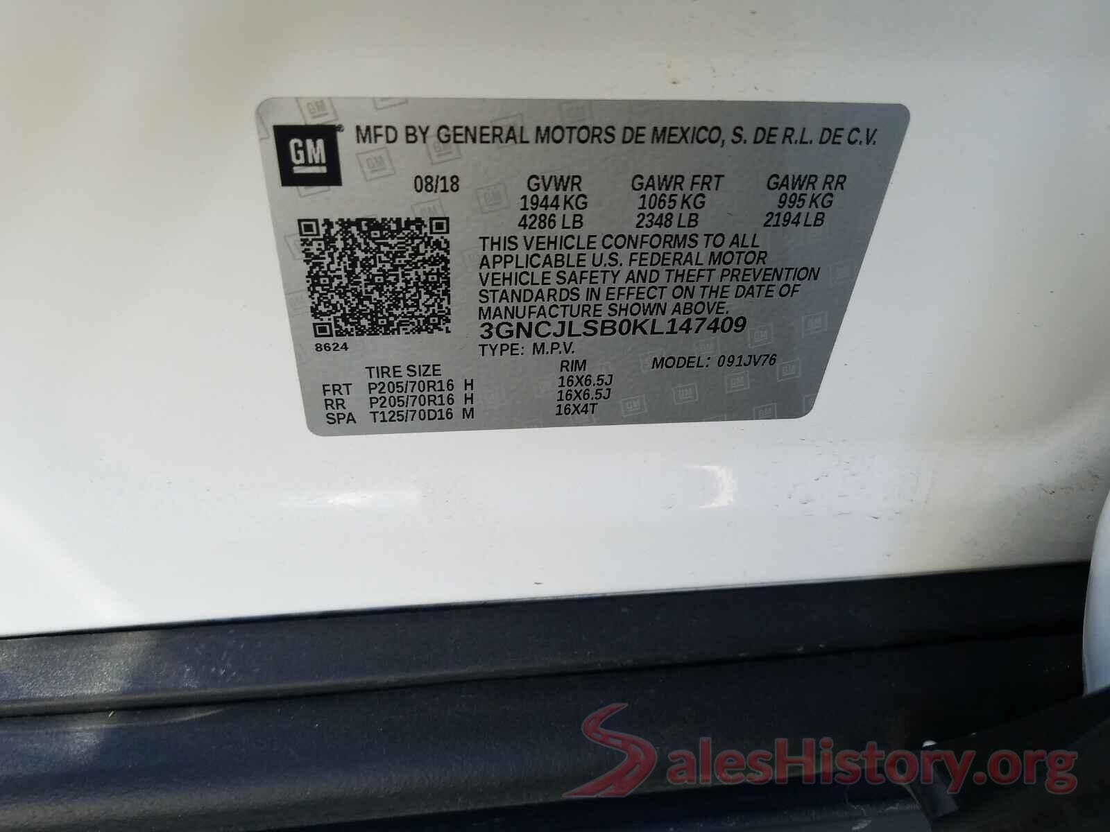 3GNCJLSB0KL147409 2019 CHEVROLET TRAX