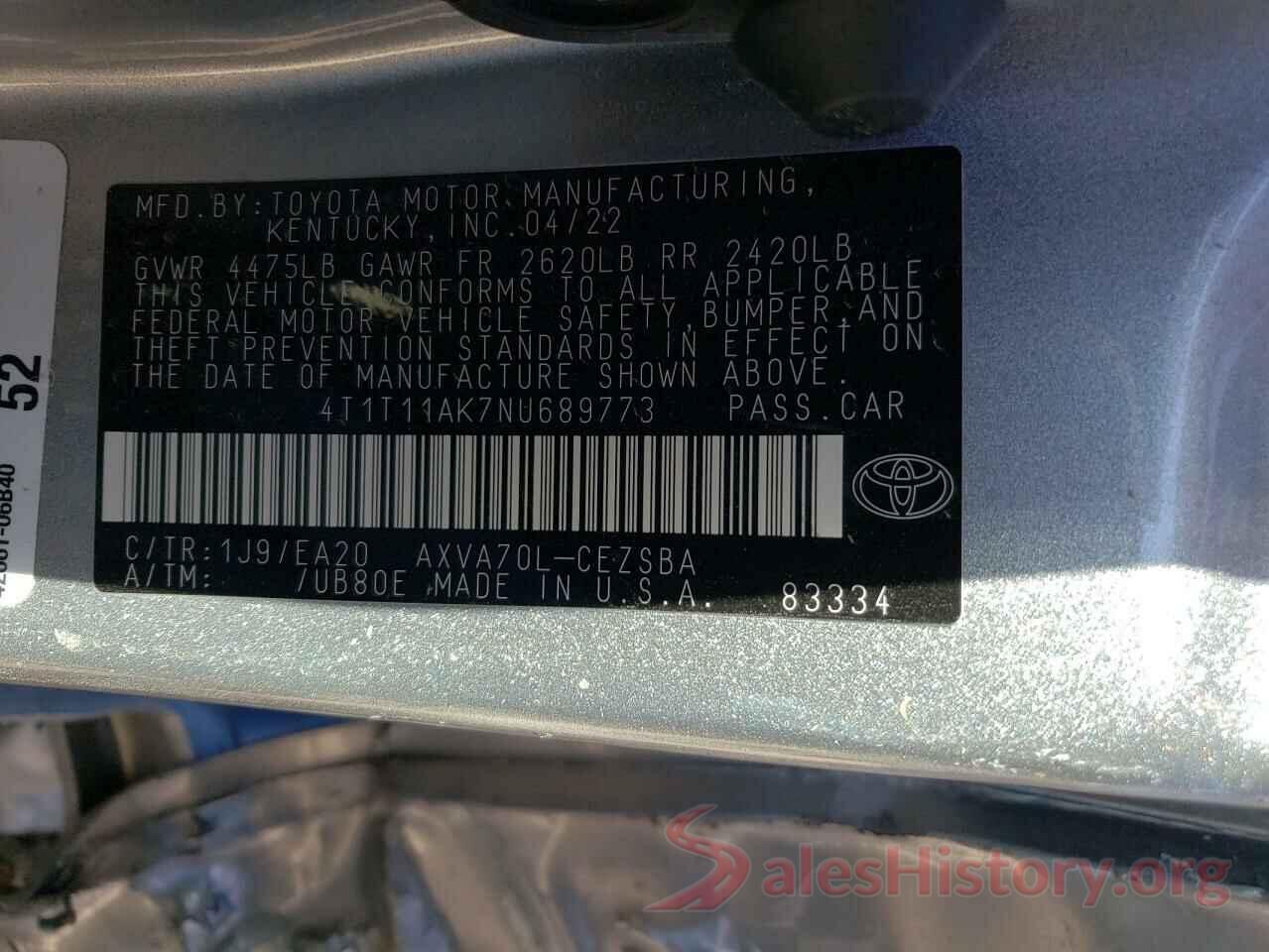 4T1T11AK7NU689773 2022 TOYOTA CAMRY