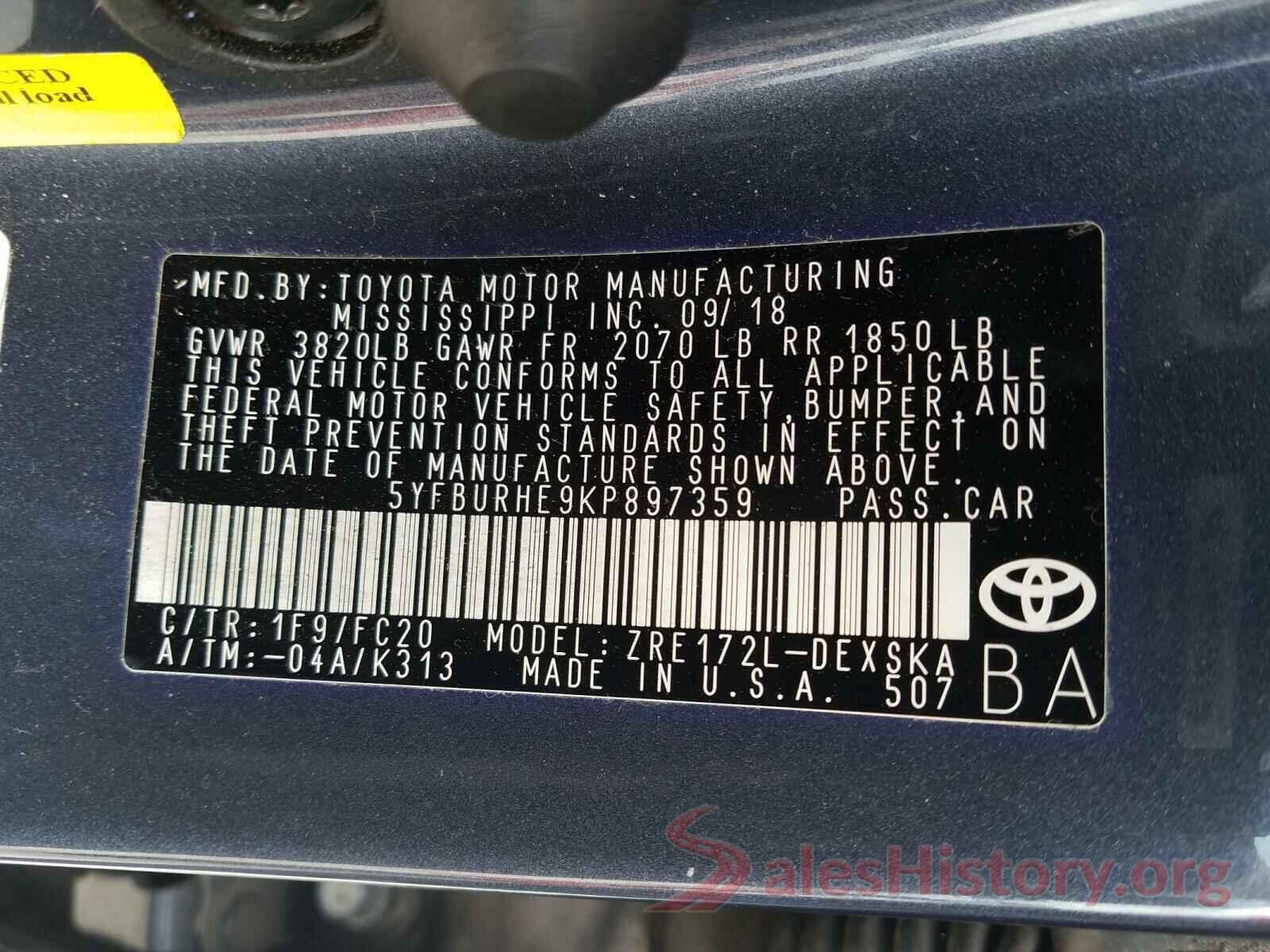 5YFBURHE9KP897359 2019 TOYOTA COROLLA