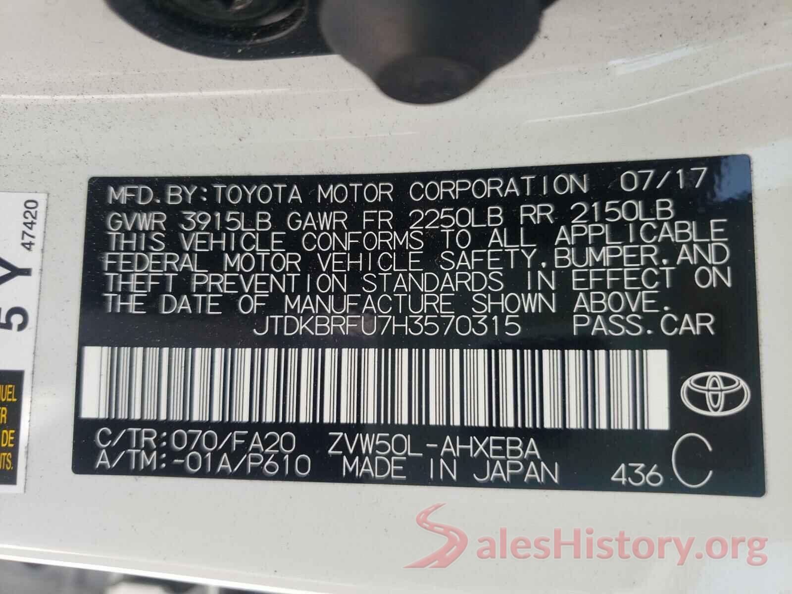 JTDKBRFU7H3570315 2017 TOYOTA PRIUS