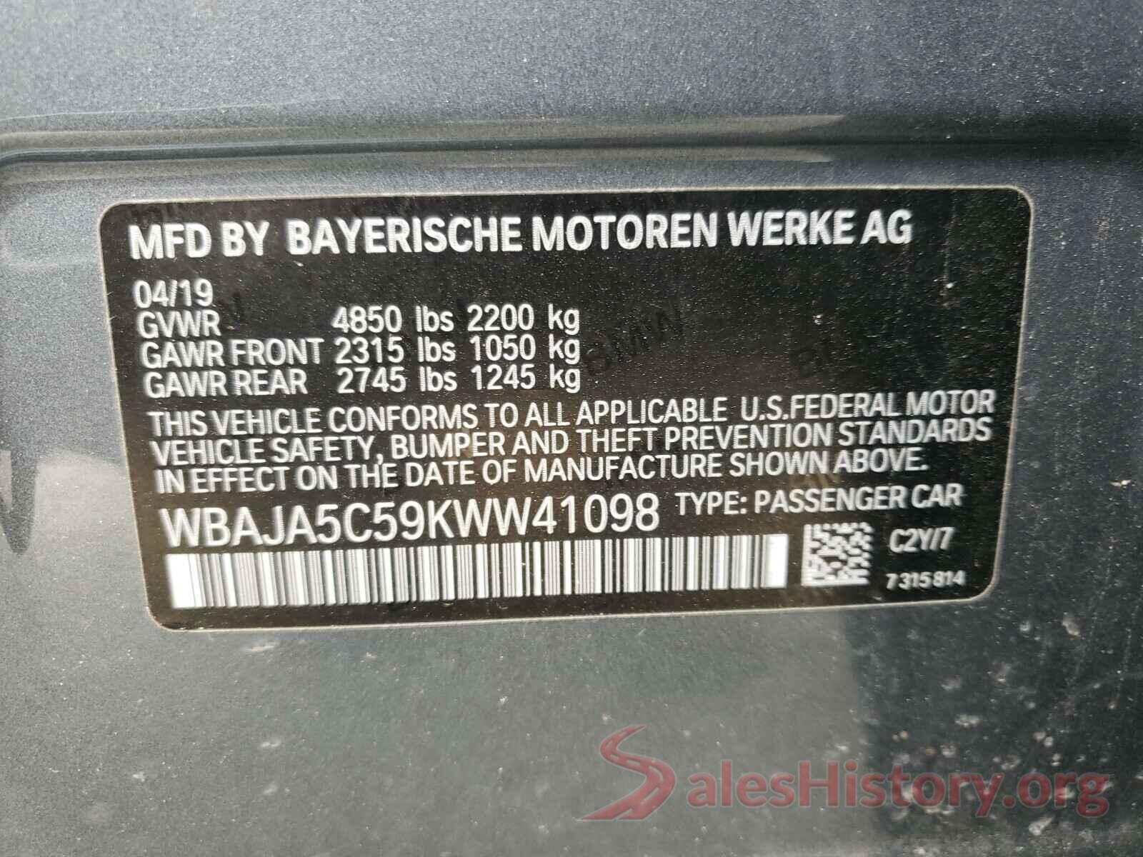 WBAJA5C59KWW41098 2019 BMW 5 SERIES