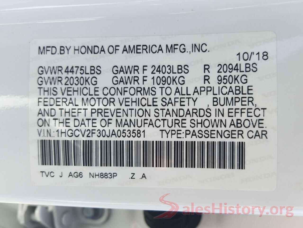 1HGCV2F30JA053581 2018 HONDA ACCORD