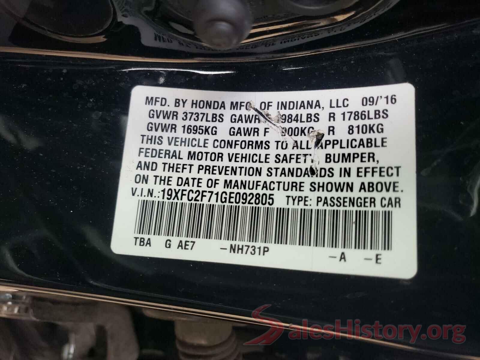 19XFC2F71GE092805 2016 HONDA CIVIC