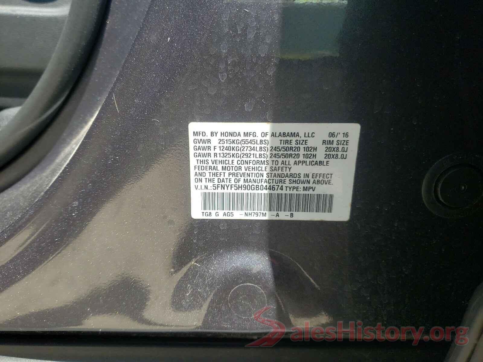 5FNYF5H90GB044674 2016 HONDA PILOT