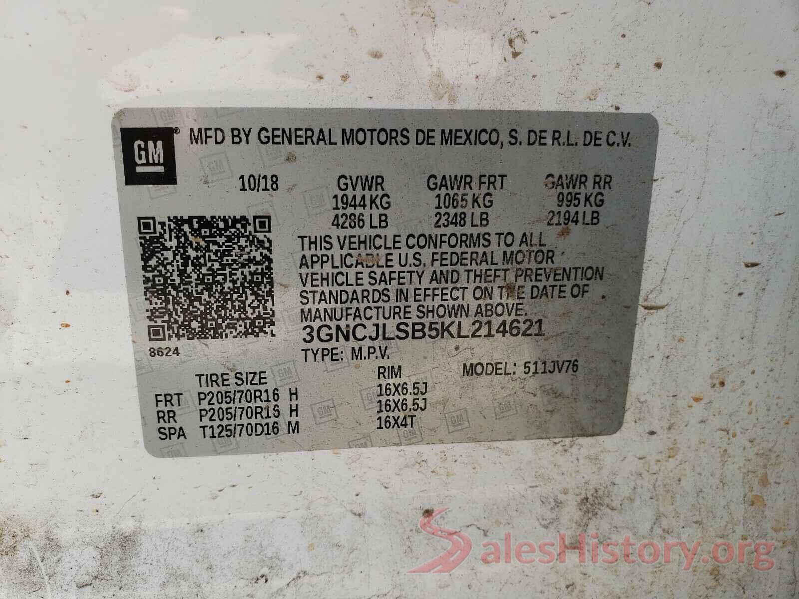 3GNCJLSB5KL214621 2019 CHEVROLET TRAX