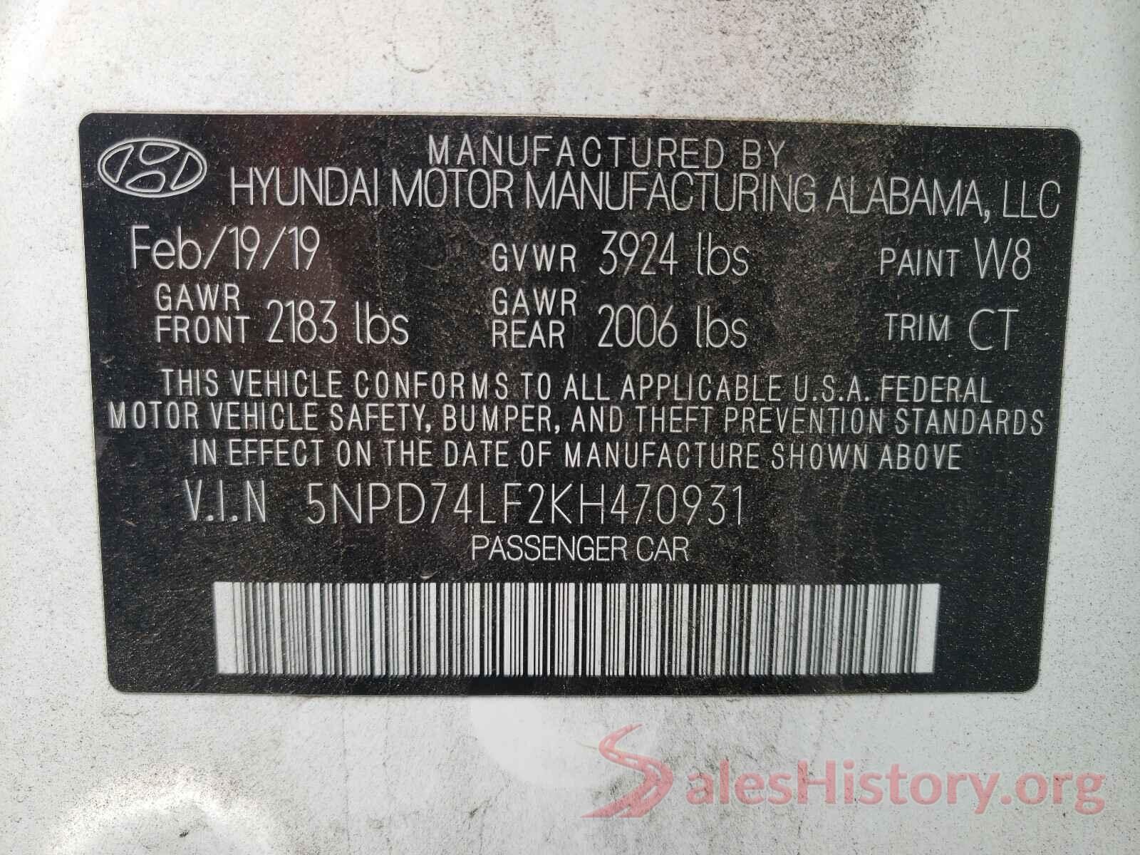 5NPD74LF2KH470931 2019 HYUNDAI ELANTRA