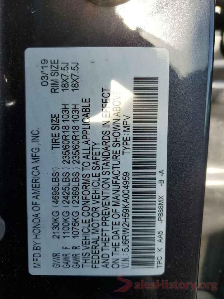 5J6RW2H59KA004959 2019 HONDA CRV