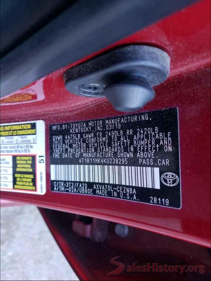 4T1B11HK4KU238295 2019 TOYOTA CAMRY