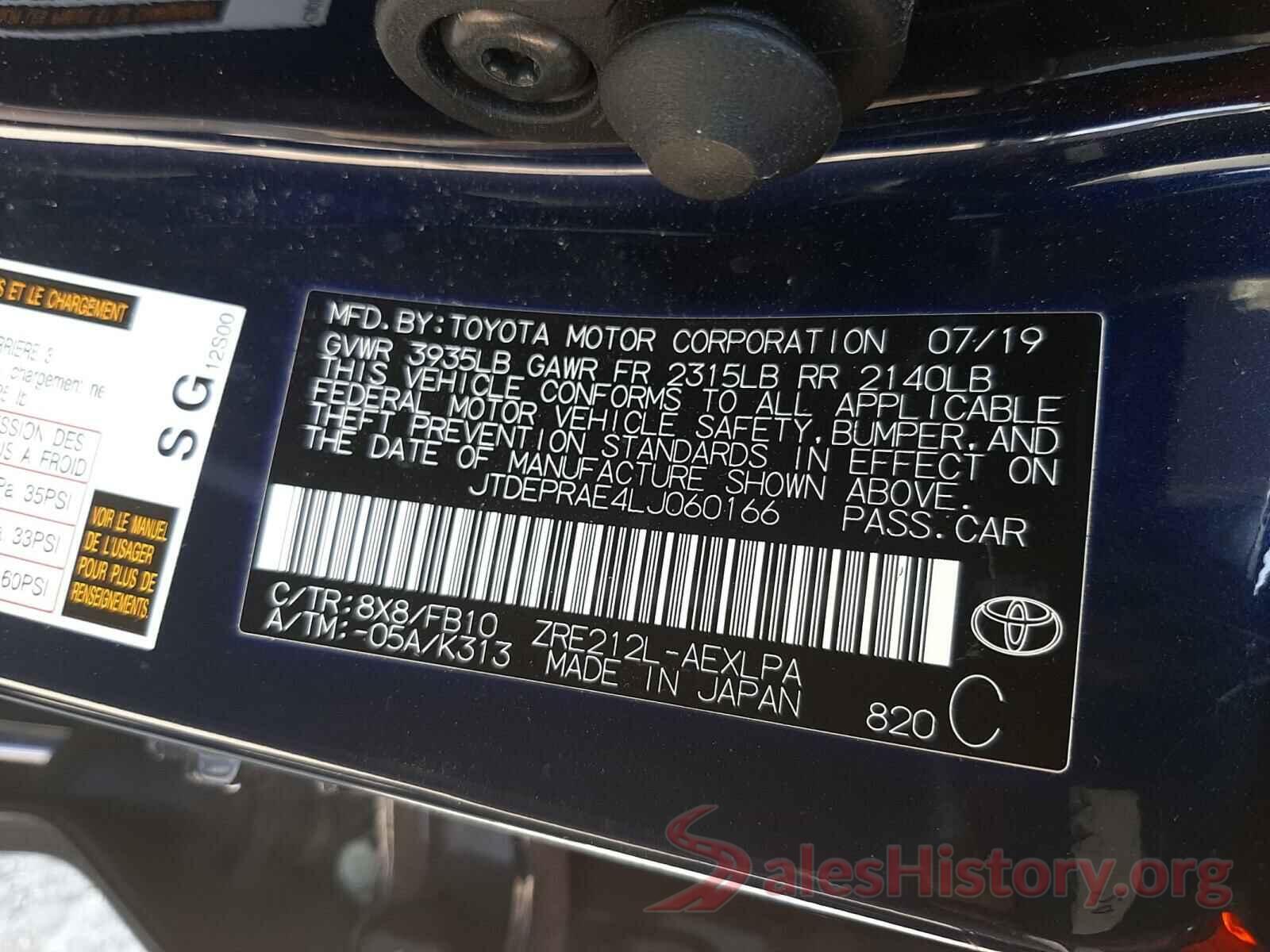 JTDEPRAE4LJ060166 2020 TOYOTA COROLLA