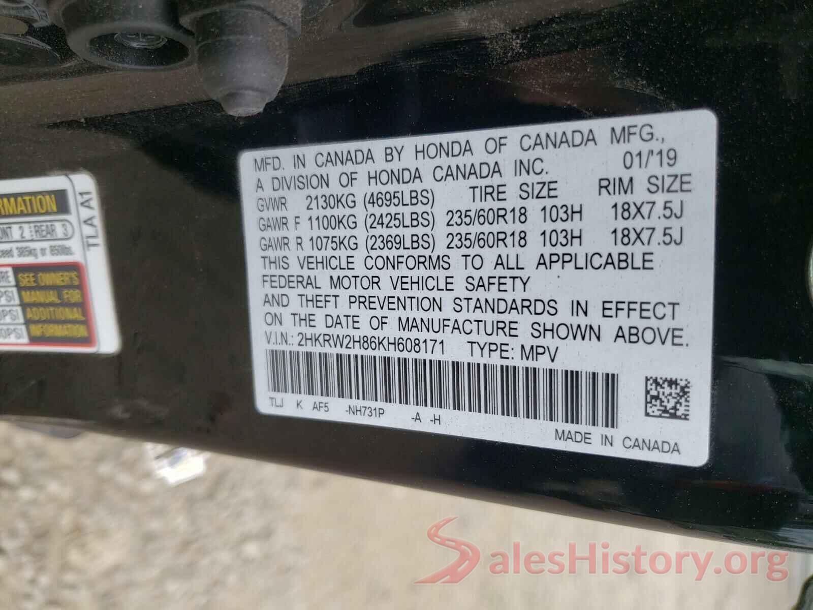 2HKRW2H86KH608171 2019 HONDA CRV