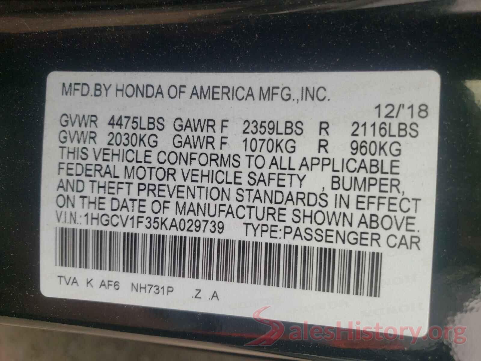 1HGCV1F35KA029739 2019 HONDA ACCORD