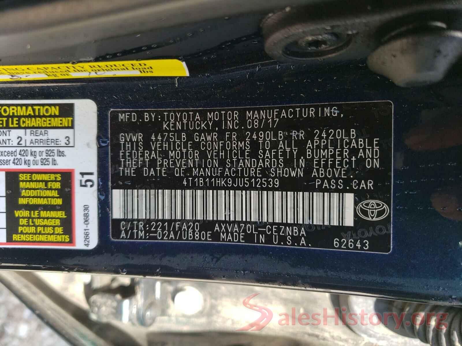 4T1B11HK9JU512539 2018 TOYOTA CAMRY