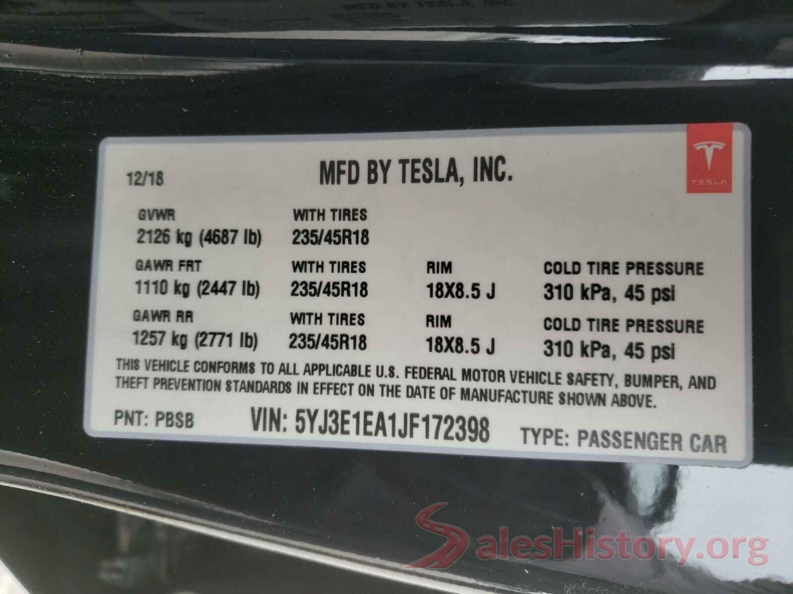 5YJ3E1EA1JF172398 2018 TESLA MODEL 3