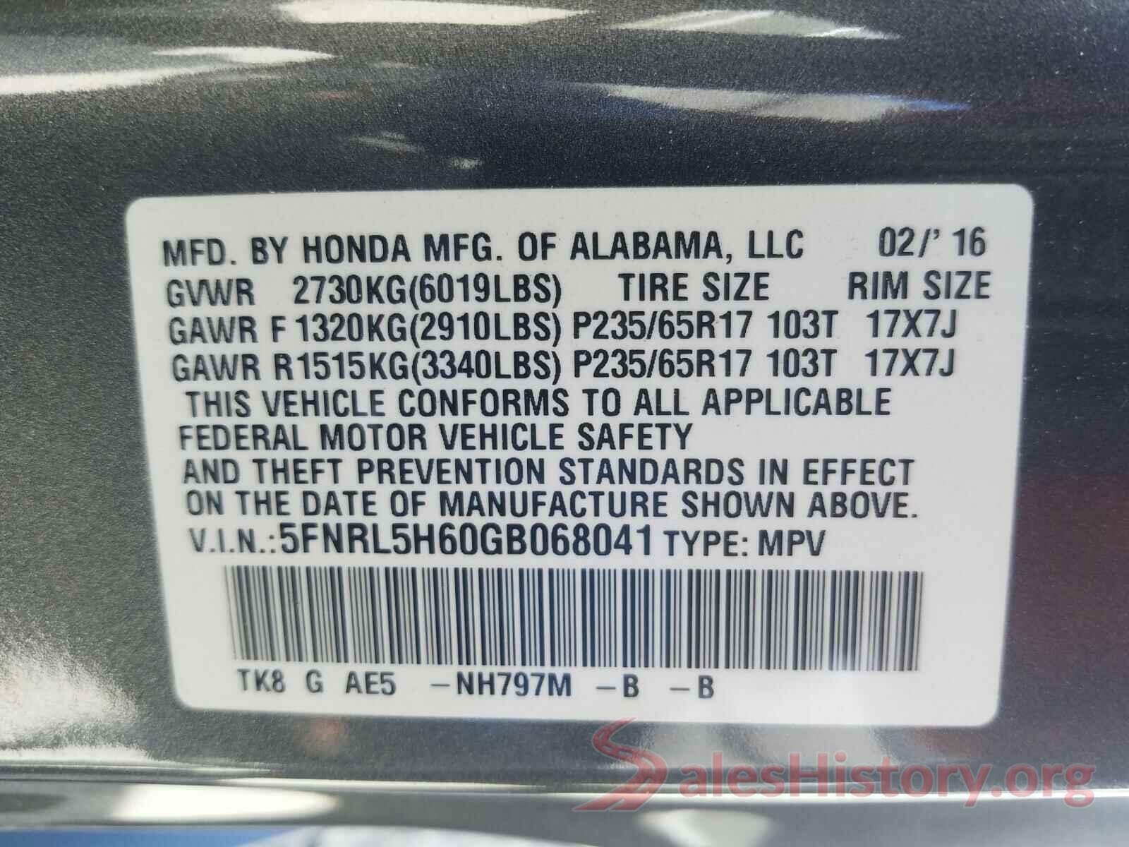 5FNRL5H60GB068041 2016 HONDA ODYSSEY