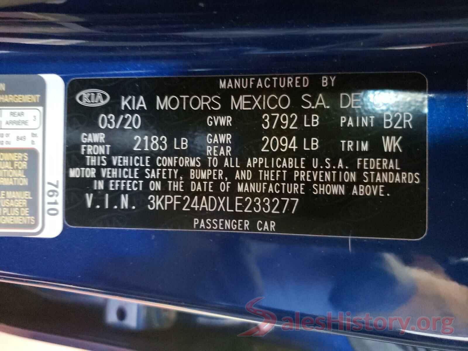 3KPF24ADXLE233277 2020 KIA FORTE