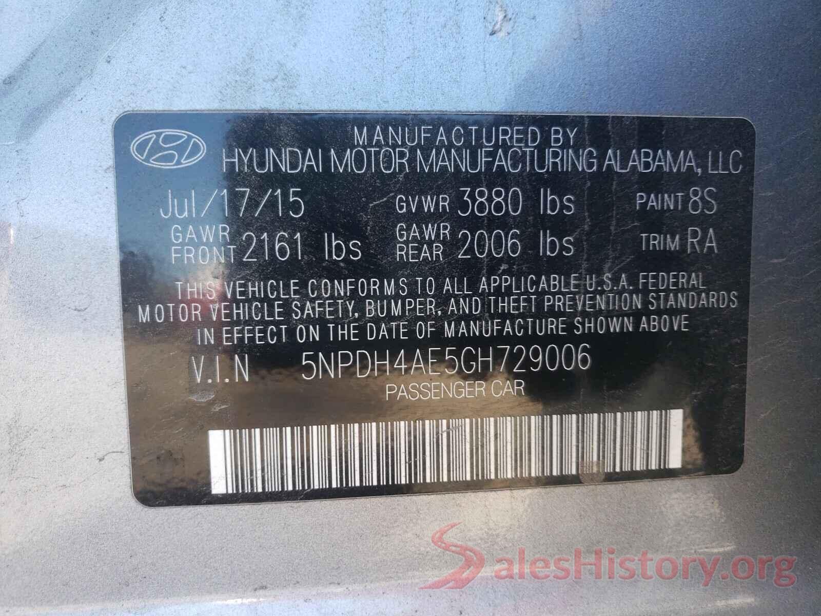 5NPDH4AE5GH729006 2016 HYUNDAI ELANTRA