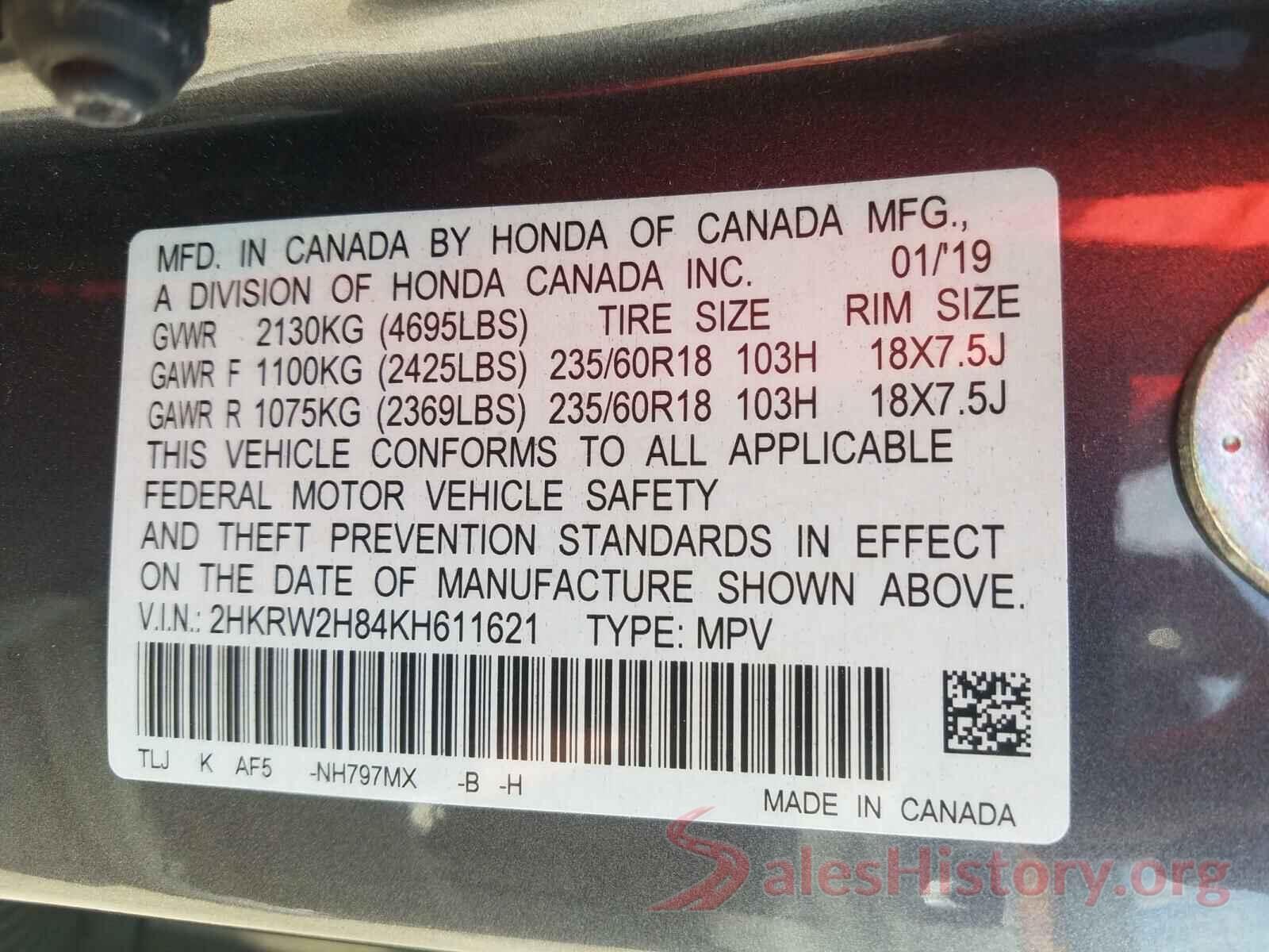 2HKRW2H84KH611621 2019 HONDA CRV