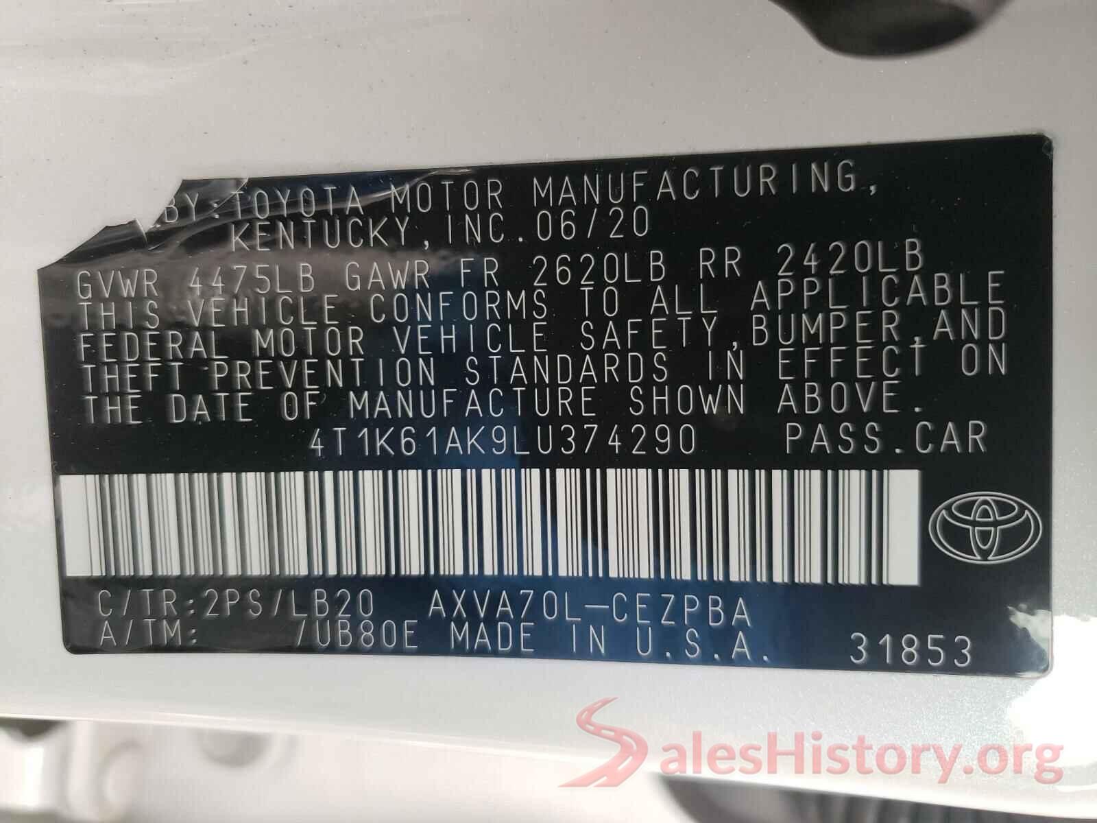 4T1K61AK9LU374290 2020 TOYOTA CAMRY