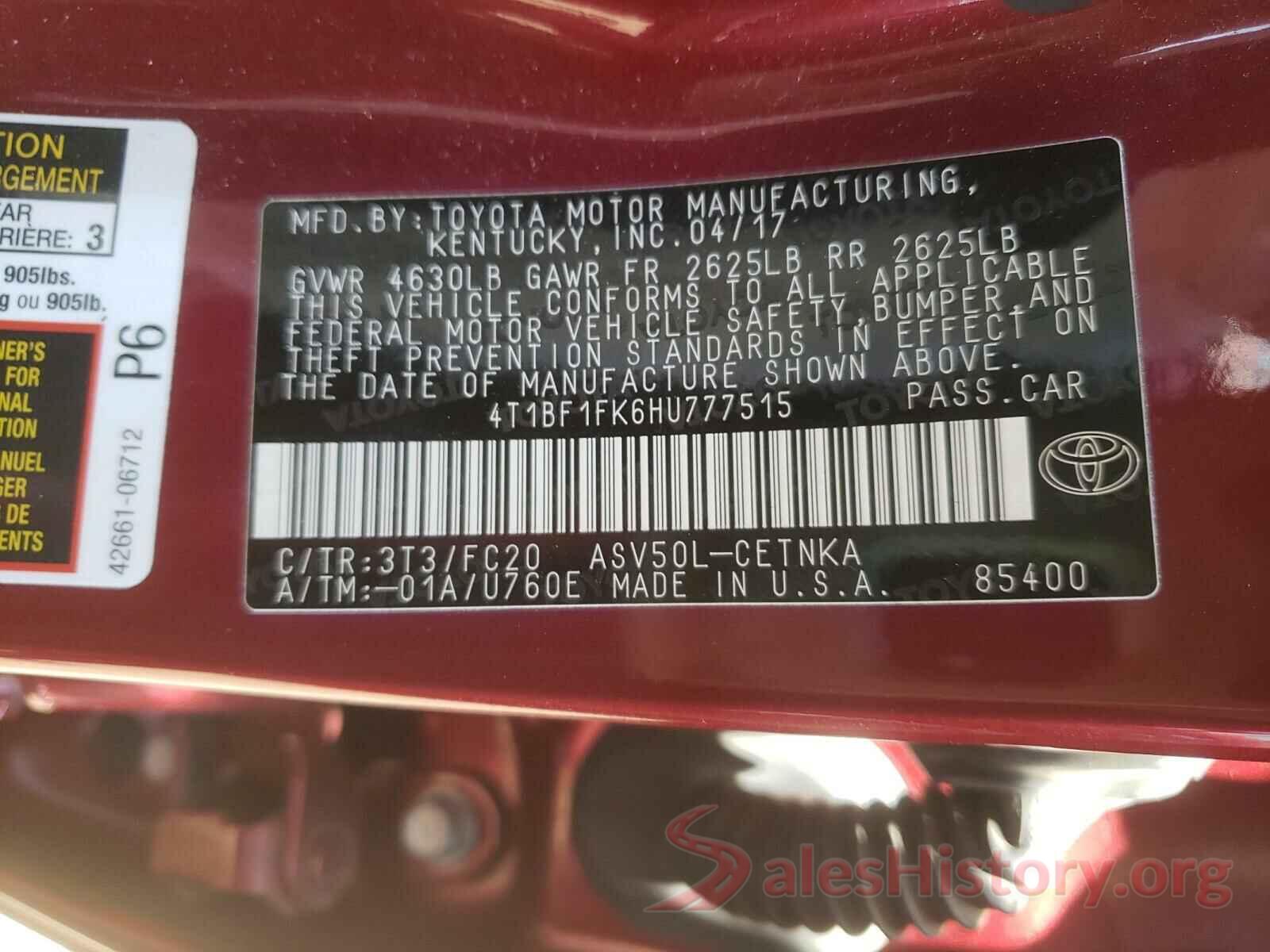 4T1BF1FK6HU777515 2017 TOYOTA CAMRY