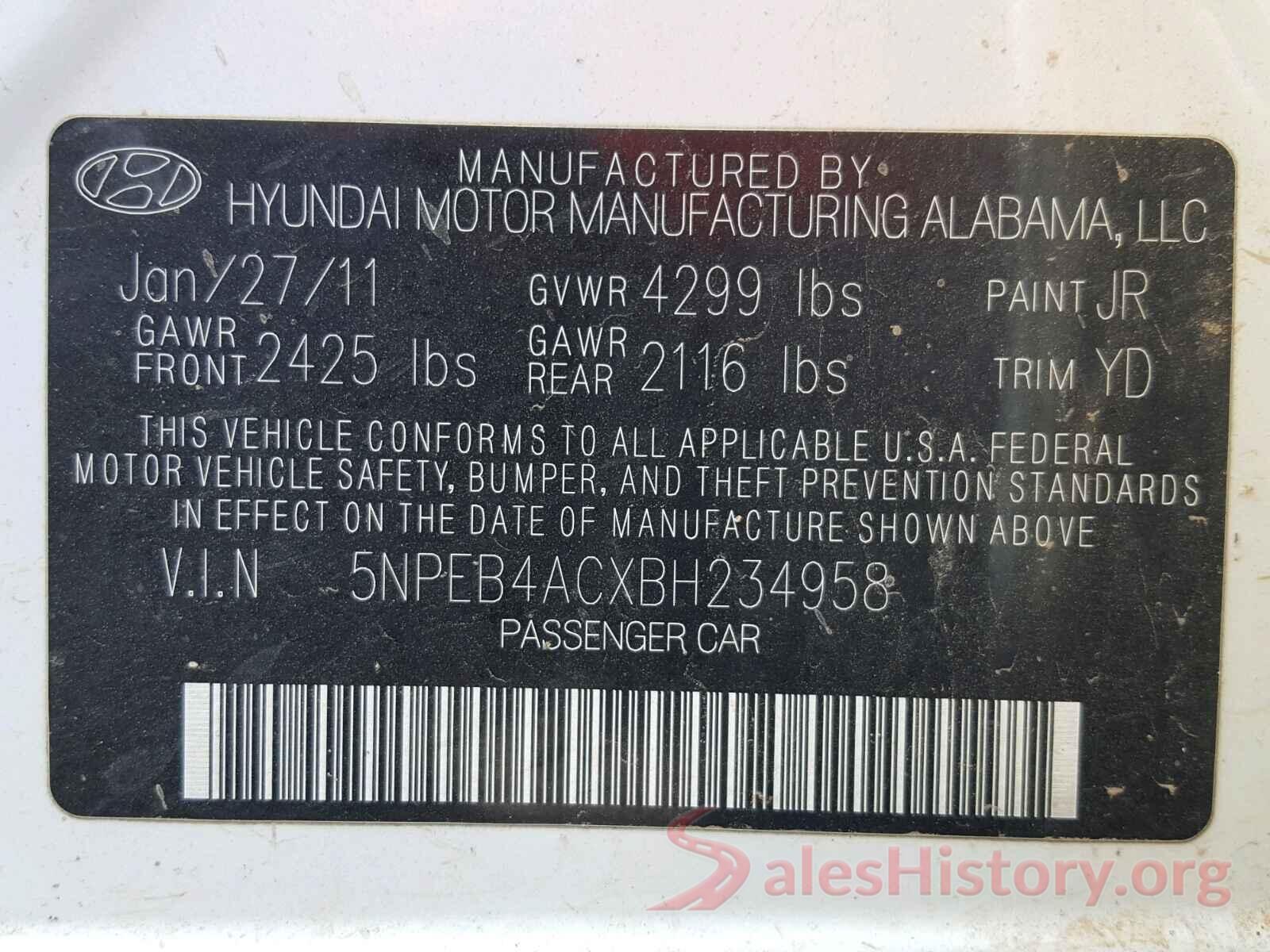 5NPEB4ACXBH234958 2011 HYUNDAI SONATA