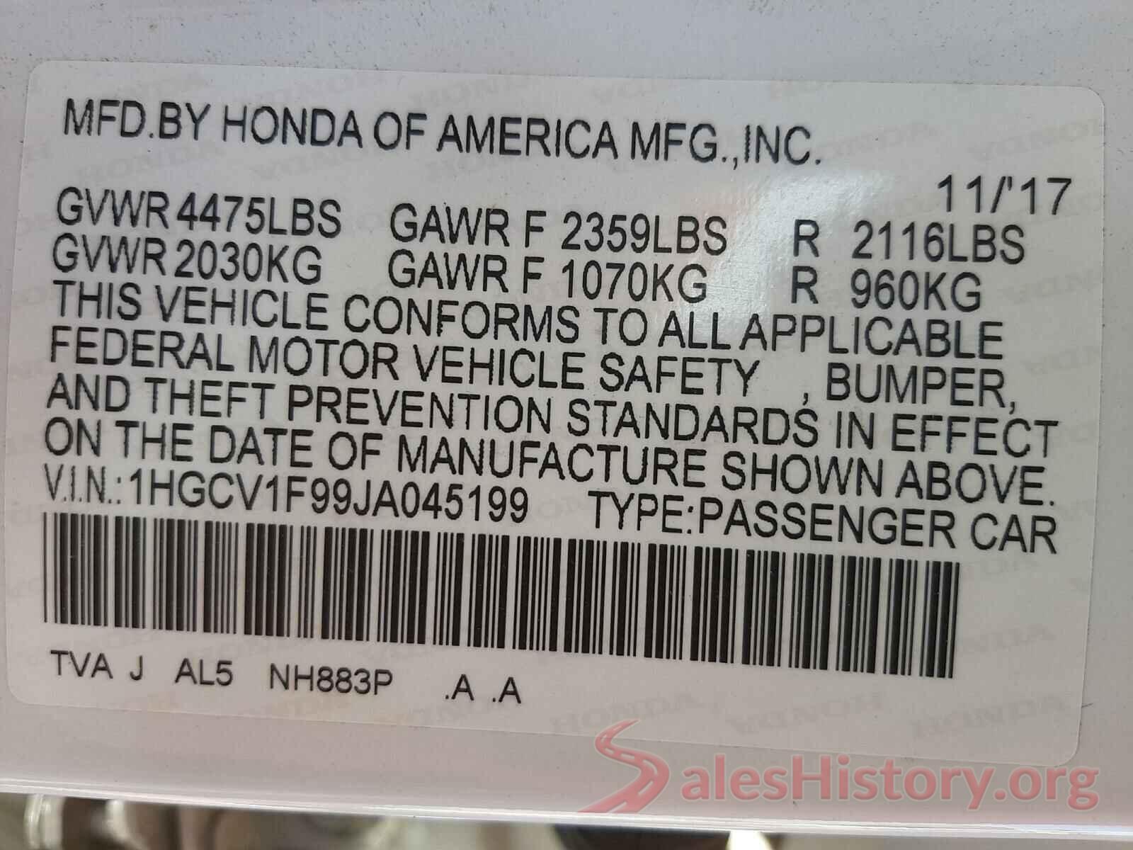 1HGCV1F99JA045199 2018 HONDA ACCORD