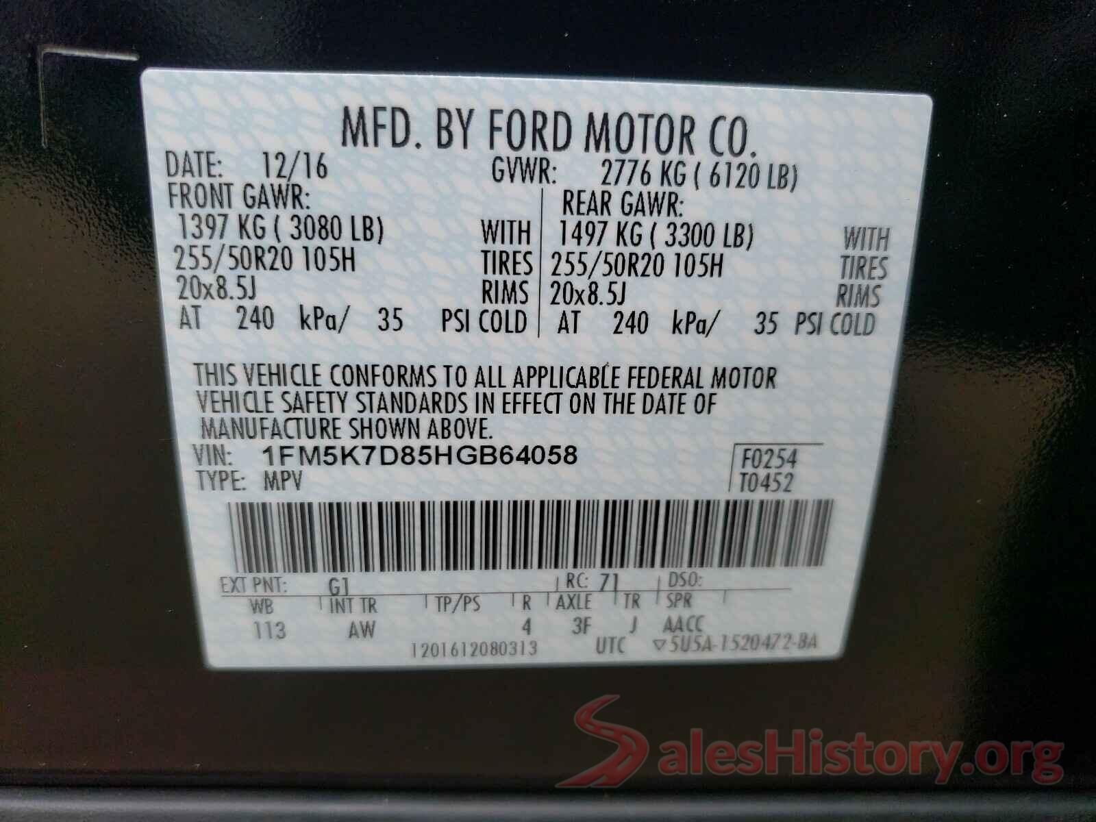 1FM5K7D85HGB64058 2017 FORD EXPLORER