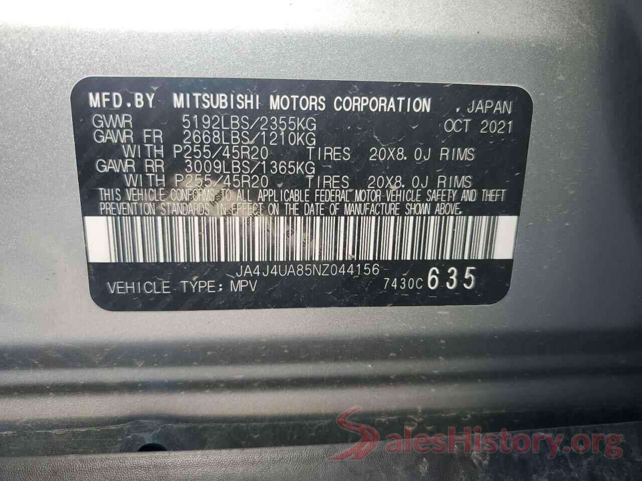 JA4J4UA85NZ044156 2022 MITSUBISHI OUTLANDER