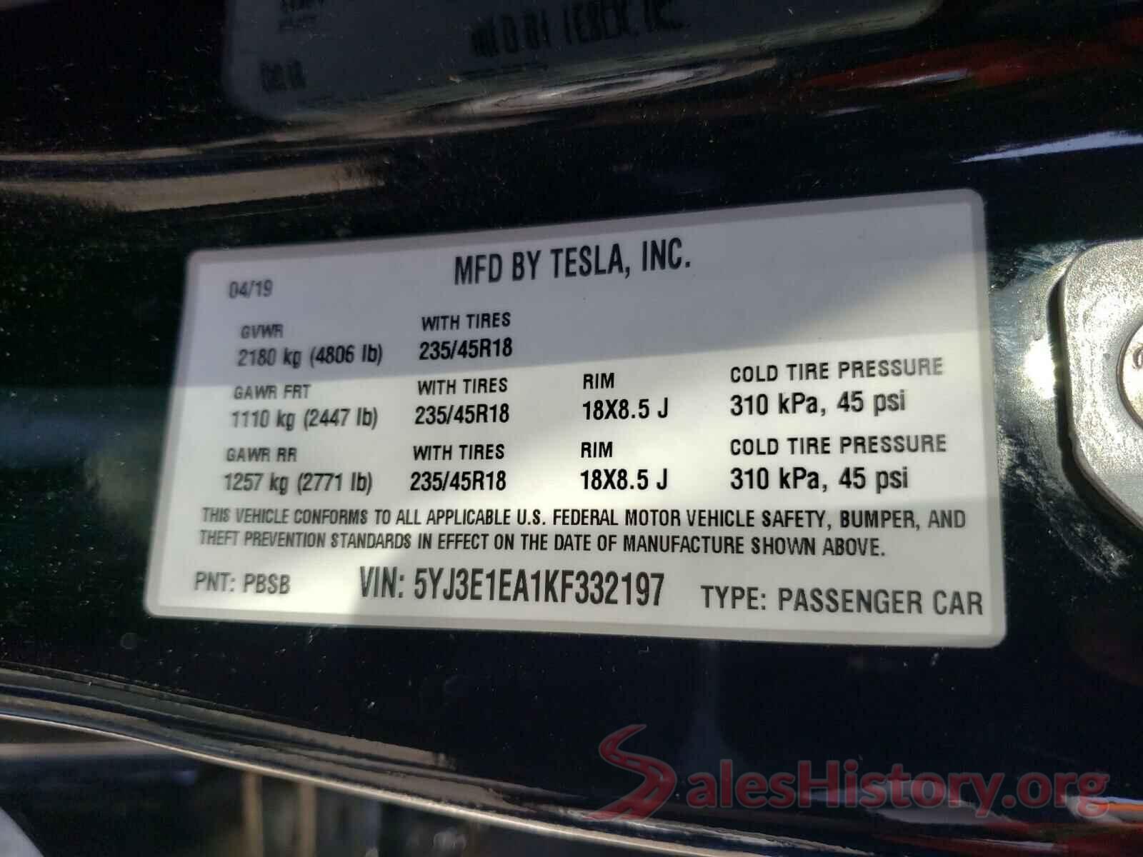 5YJ3E1EA1KF332197 2019 TESLA MODEL 3