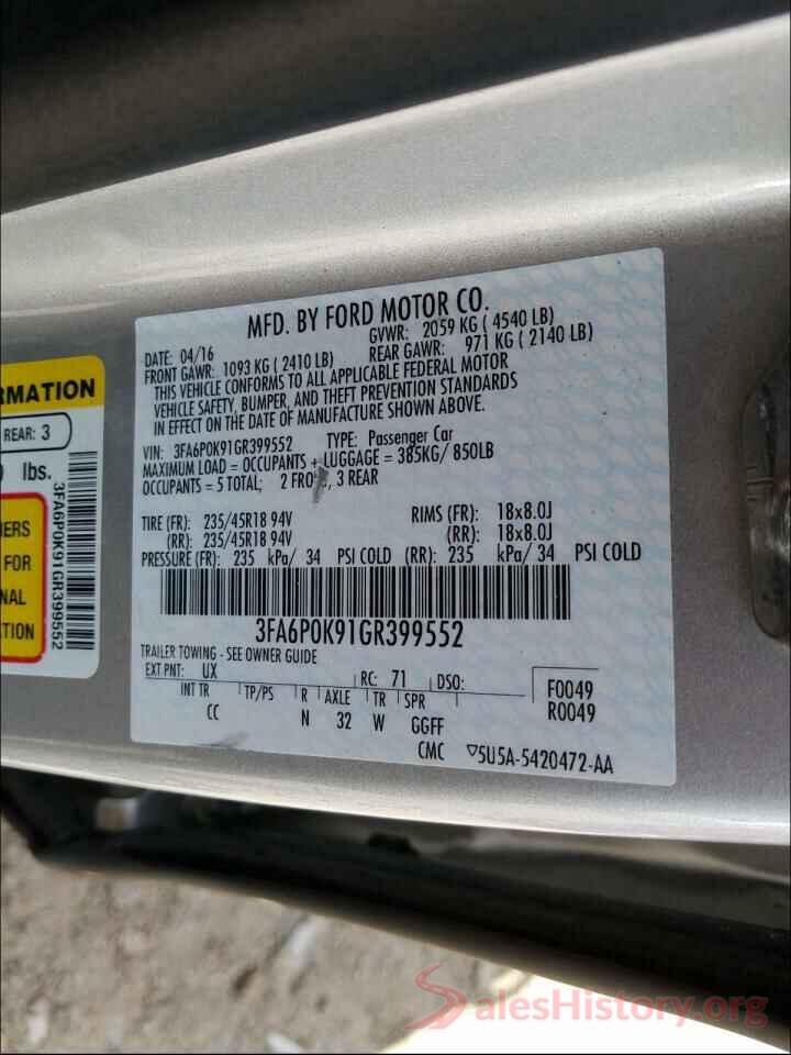 3FA6P0K91GR399552 2016 FORD FUSION